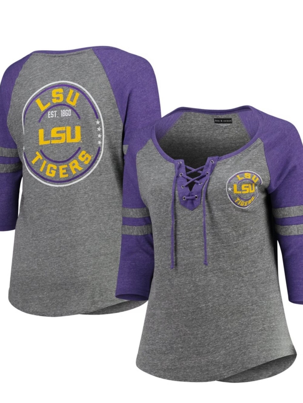5th & Ocean Women's LSU Tigers Lace-Up Raglan Tee in Gray and Purple 3/4 Sleeves